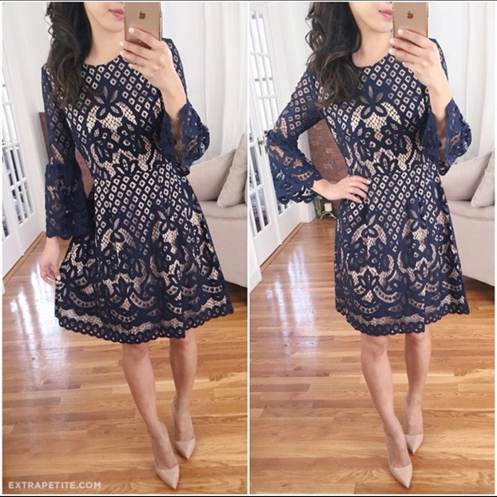 Eliza j navy lace over nude bell sleeves dress